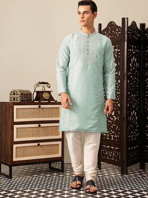 House of Pataudi Men Floral Print Straight Kurta(Blue)