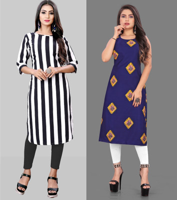 tanvi creation Women Printed Straight Kurta(White, Blue)