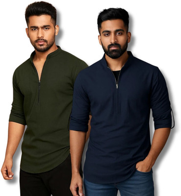COTTONCHHAP Men Solid Straight Kurta(Green, Dark Blue)