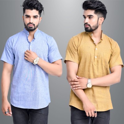 QuaClo Men Solid Straight Kurta(Light Blue, Yellow)