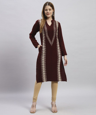 MORKEL Women Self Design Straight Kurta(Maroon)