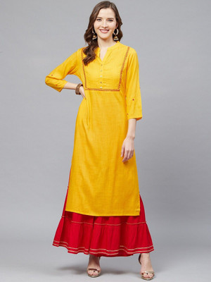 AKIKO Women Embroidered Straight Kurta(Yellow)