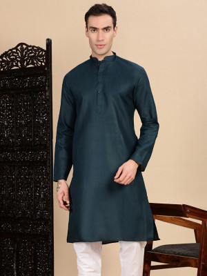 House of Pataudi Men Solid Straight Kurta(Blue)