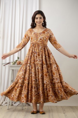 SHYAM Women A-line Yellow, Brown, White Dress