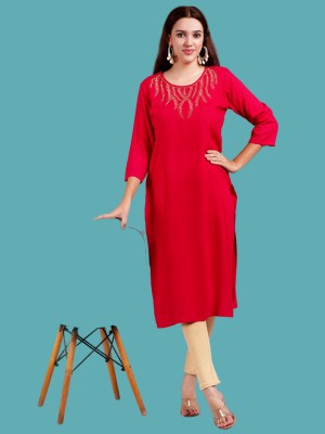 sana fashion Women Chikan Embroidery Straight Kurta(Red)