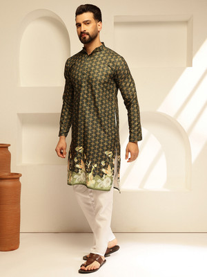 SOJANYA Men Printed Straight Kurta(Green)