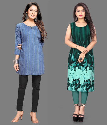 tanvi creation Women Floral Print Straight Kurta(Blue, Green)