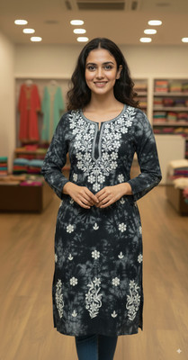 Chikankari Women Embroidered Straight Kurta(Dark Blue)
