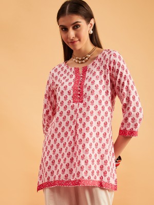 Bunaiwala Women Abstract Straight Kurta(Pink)