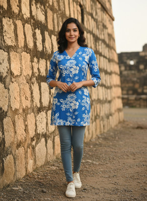 The MS Hub Women Floral Print Straight Kurta(Blue)