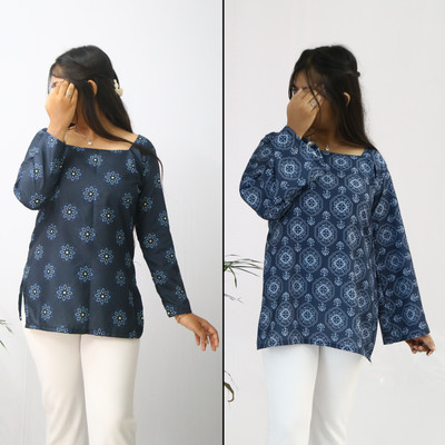 aanzri Women Printed, Geometric Print Straight Kurta(Blue)