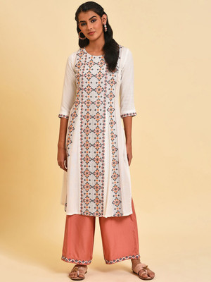 W Women Printed Straight Kurta(White)