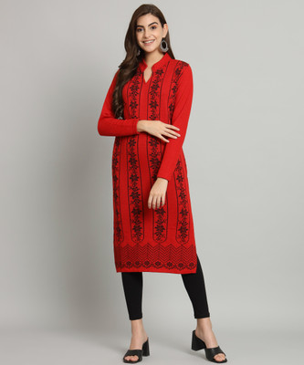 Krew Women Self Design Straight Kurta(Red)