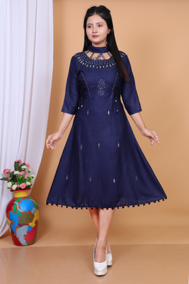 Ayangarments Women Self Design A-line Kurta(Dark Blue)