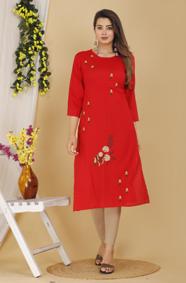 Mehsoos Women Embroidered A-line Kurta(Red)