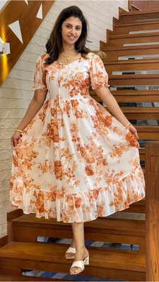 Deshi Look Women Fit and Flare Brown, White Below Knee Dress