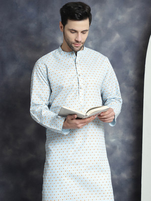 ANOUK Men Printed Straight Kurta(Light Blue)