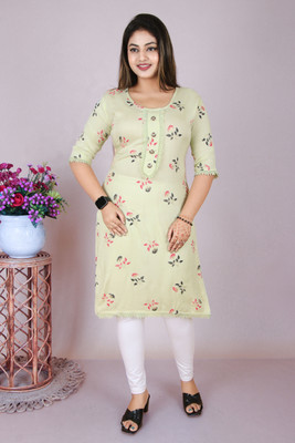 Calcutta Mart Women Printed Straight Kurta(Light Green)