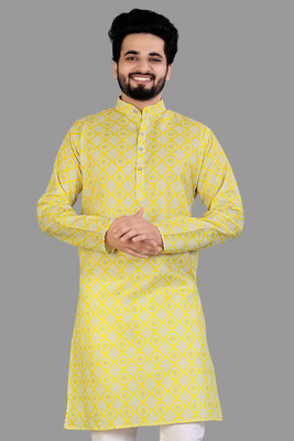 CELLUX Men Printed Straight Kurta(Yellow, White)