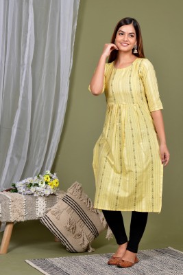 Lerkiza Women Striped A-line Kurta(Yellow)