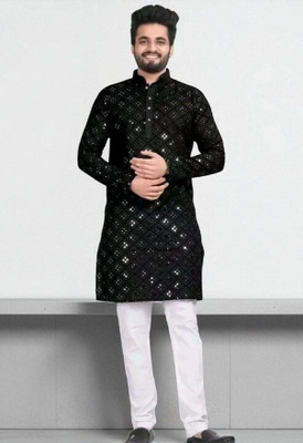 Biswas Fab Men Embroidered Straight Kurta(Black)