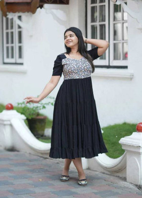 sadhnazon Women Solid, Printed A-line Kurta(Dark Blue)