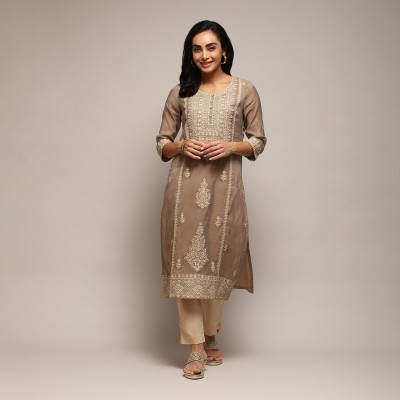 BIBA Women Dyed/Ombre Straight Kurta(Brown, Gold)