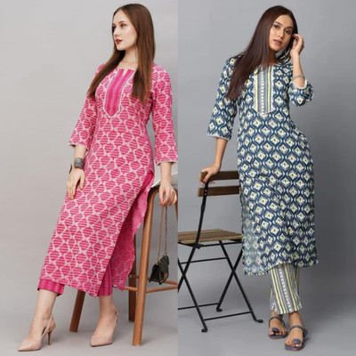 OMSAILACES Women Printed Straight Kurta(Pink)