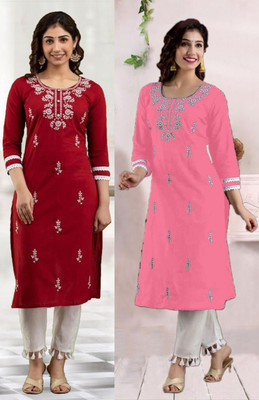 SISTO Women Chikan Embroidery Straight Kurta(Multicolor)