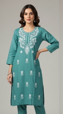 VELORA Women Embroidered A-line Kurta(Light Green)