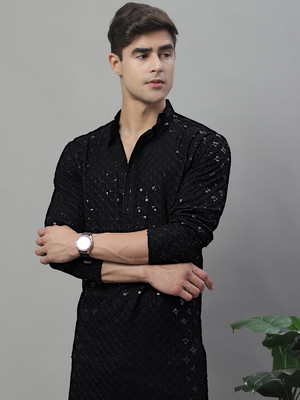 Jompers Men Embroidered Straight Kurta(Black)
