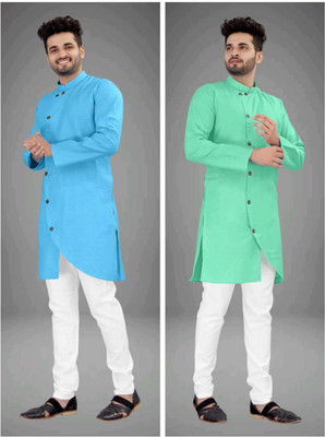 DIAMOND CLUSTER Men Self Design Asymmetric Kurta(Light Blue, Light Green)