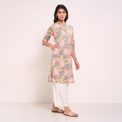 Rangmanch by Pantaloons Women Floral Print A-line Kurta(Grey)