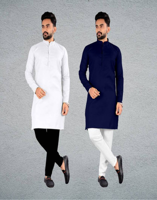 DHASU TRENDZ Men Solid Straight Kurta(White, Dark Blue)