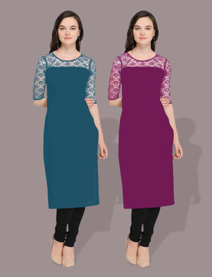 Maheshvi Women Self Design Straight Kurta(Blue, Green)