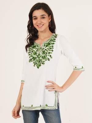 Miss Peach Casual Embroidered Women White Top