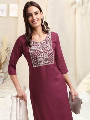 MIRCHI FASHION Women Embroidered Straight Kurta(Maroon, White)