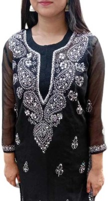 Handwork chikan Lucknow Women Chikan Embroidery A-line Kurta(Black)