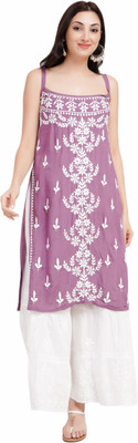 Mrs Right Women Chikan Embroidery A-line Kurta(Pink)