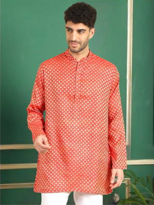 Tattva Men Geometric Print Straight Kurta(Red)