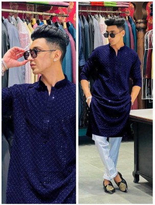 DIAMOND CLUSTER Men Embellished Straight Kurta(Dark Blue)