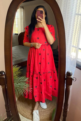 VIBELY Women Printed Ethnic Dress Kurta(Red)