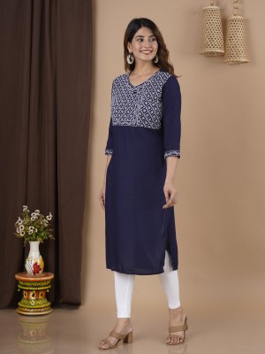 Pinkblock Women Embroidered, Solid Straight Kurta(Blue)