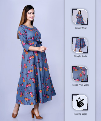 Glowworld Women Printed Flared Kurta(Grey)