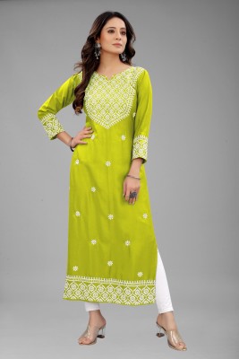 fantasy fab Women Embroidered Straight Kurta(Light Green)