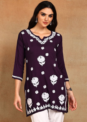 VAHSON Women Chikan Embroidery, Floral Print, Embroidered, Self Design A-line Kurta(Purple, White)