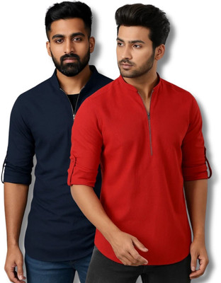 MANCHESTER & CO Men Solid Straight Kurta(Dark Blue, Red)