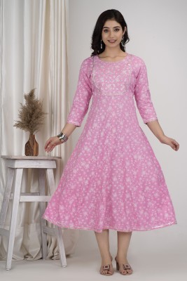 Sohani Fashion Women Embroidered, Floral Print Anarkali Kurta(Pink)