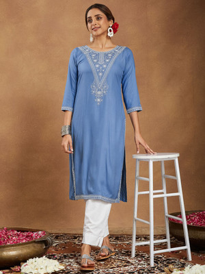 Janasya Women Embroidered Straight Kurta(Blue)