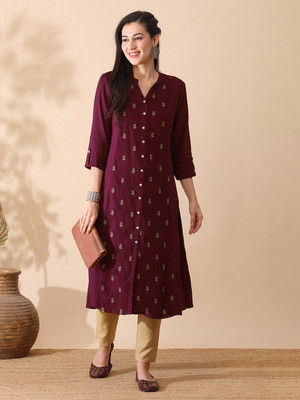 Globus Women Embroidered A-line Kurta(Purple)